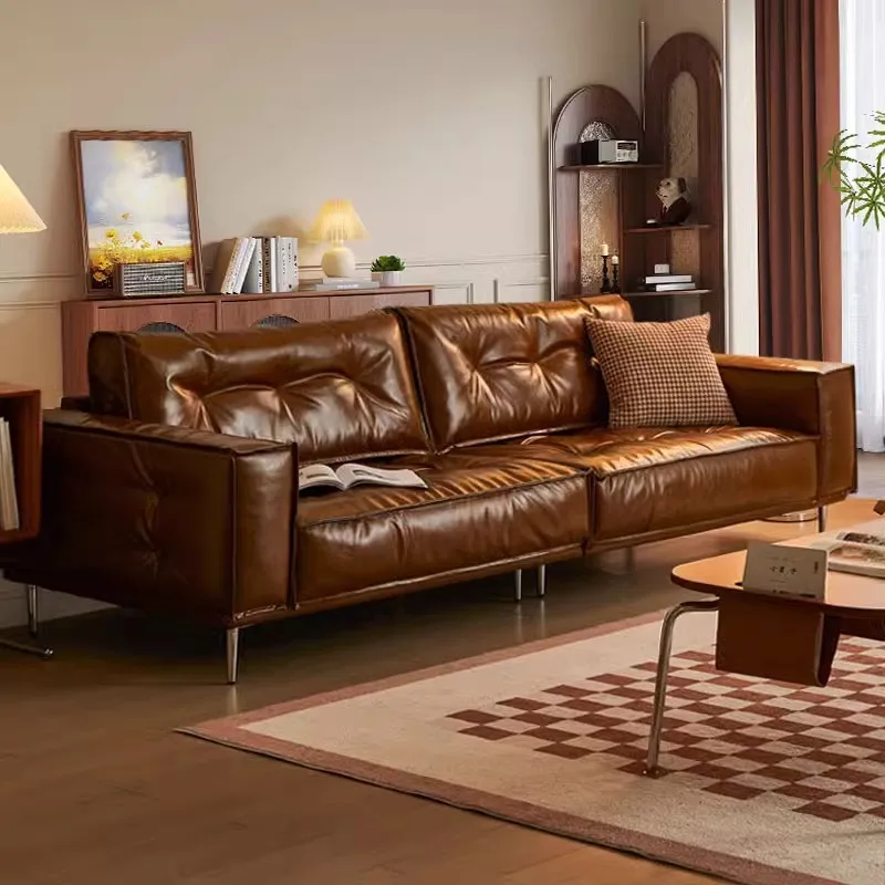 Italienisches minimalistisches Retro-Sofa aus Ölwachs-Rindsleder, modernes, einfaches Wohnzimmer, Haushalt, kleine Wohnung, gerade Reihe, Kombinationen Image