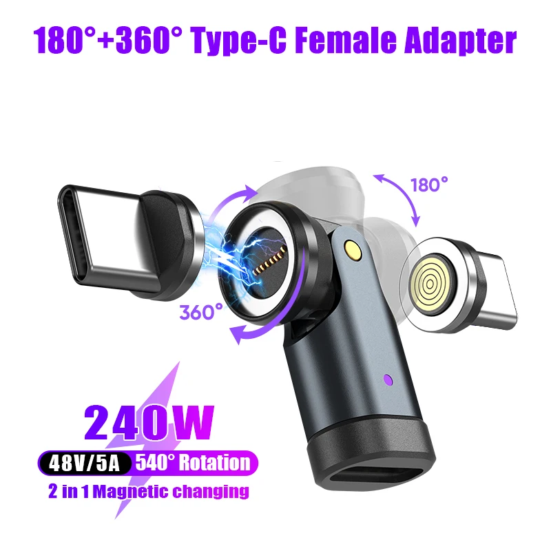 PD3.1 240W Schnelllade-Magnetischer Typ-C zu USB-C OTG-Adapter 540 Grad 9-Pin Magnet USB-C Buchse Konverter für Macbook Samsung Image