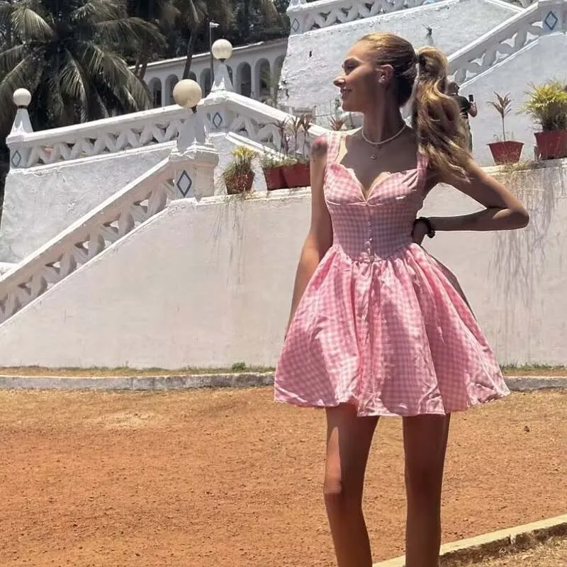 YENKYE Sommer Frauen Süße Spitze Trim Rosa Plaid Mini Kleid Mode Backless V-ausschnitt Sexy Elegante Kleid Weibliche Urlaub Partei Robe Image