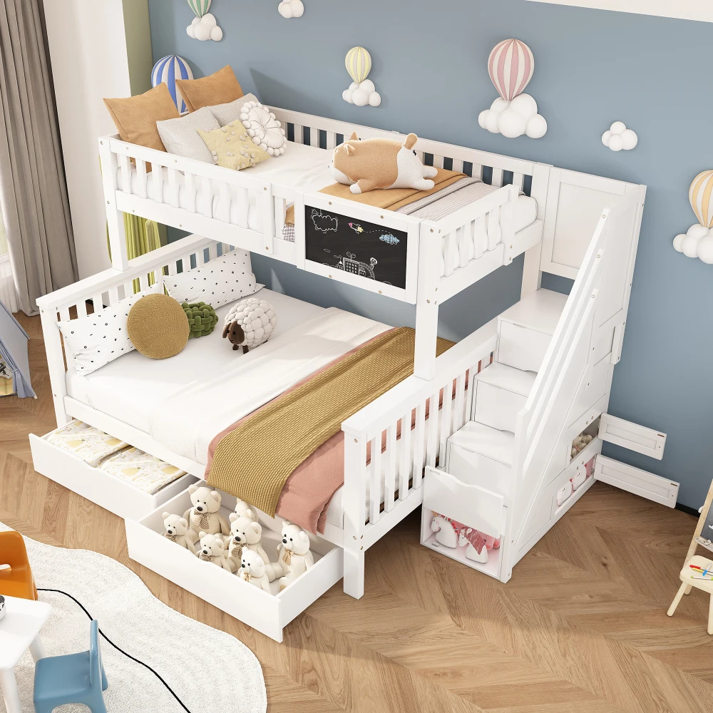 Platzsparendes Kinder-Multifunktions-Etagenbett 90x200+140x200 mit Integriertem Schreibtisch & Aufbewahrungsschubladen Weiß Ohne Matratze für Schlafzimmer Image