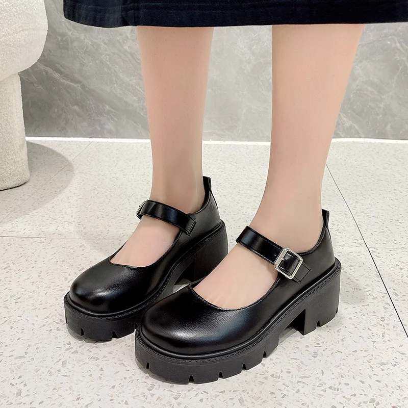 Schwarz Knöchel Schnalle Plattform Pumpen Frauen Japanischen Stil Patent Leder Mary Jane Schuhe Frau Punk Dicken Absätzen Lolita Schuhe Mujer