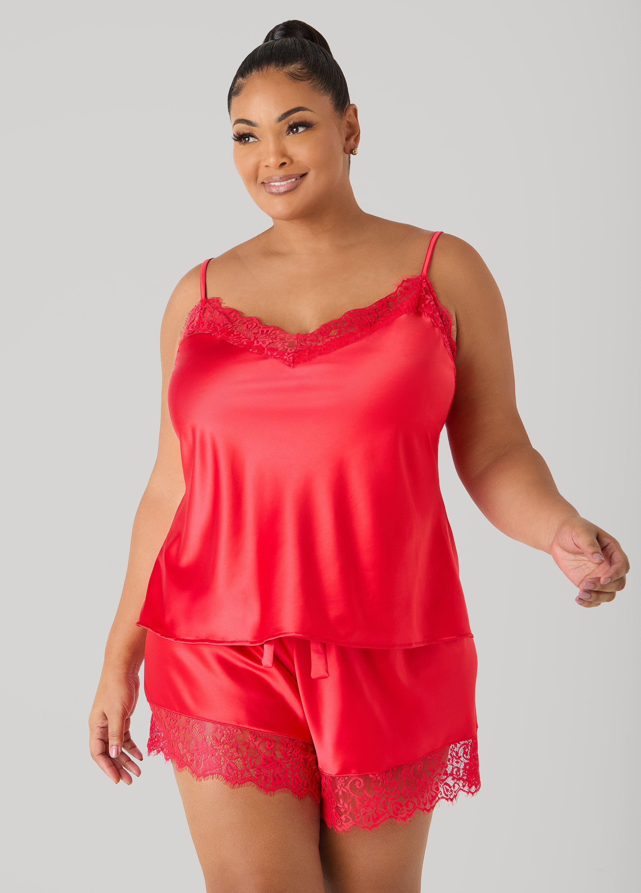 Plus Size Lace Trimmed Satin PJs Set