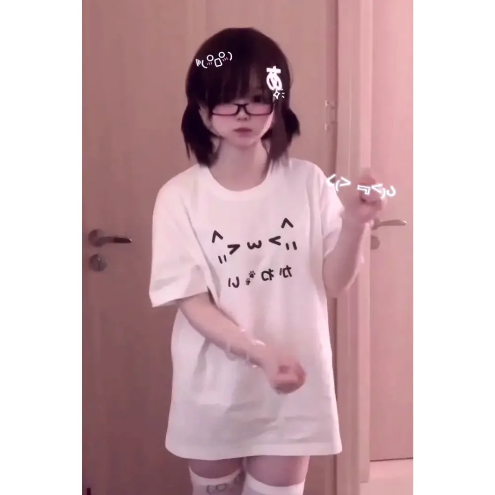 2026 Japanische Kawaii Weiße Bedruckte T-Shirts Harajuku Sommer Lässige Kurzarm Vintage Tops Lustige Vintage Y2k Ästhetische Tees