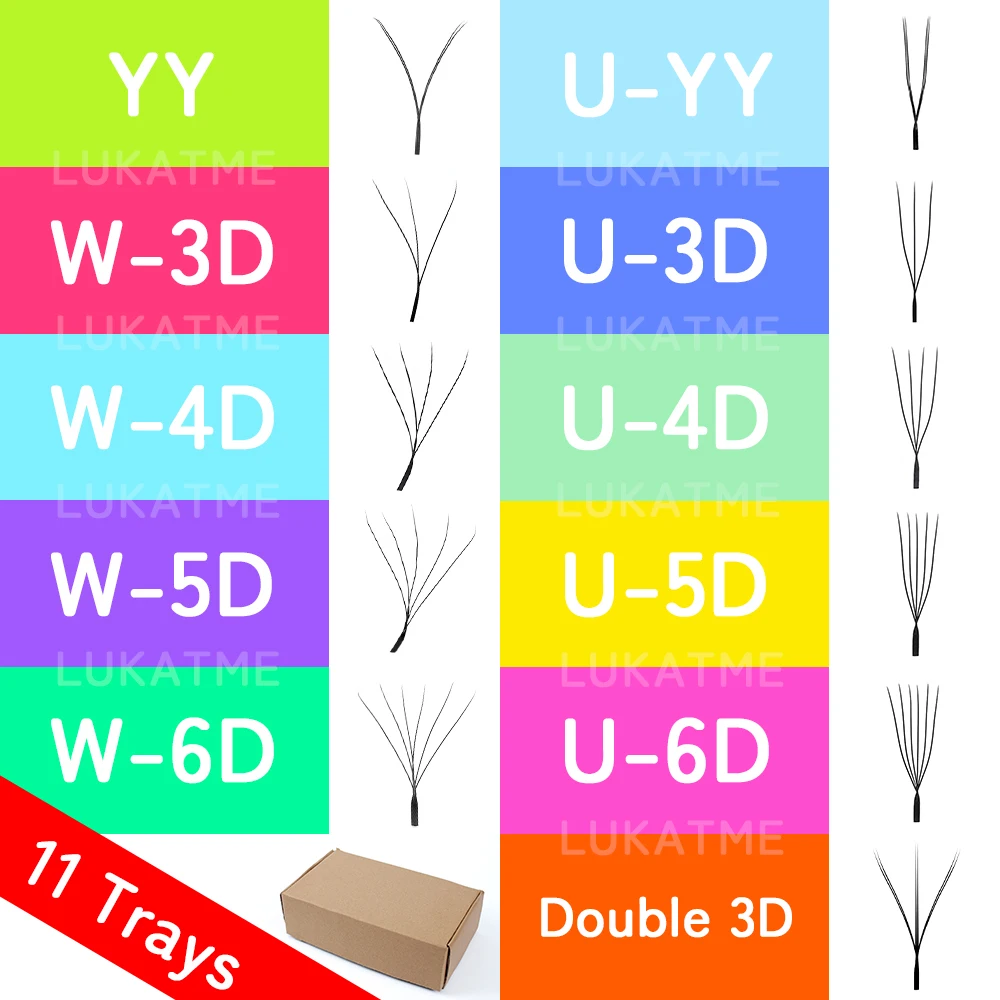 LUKATME Wimpernverlängerungen 0.07 PBT Vorgefertigte Fächerwimpern YY 3D 4D 5D 6D Doppel 3D W & U Form Falsche Wimpern Set Image