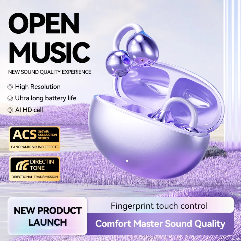 Fone Auricolare Bluetooth 5.3 Cuffie a conduzione ossea wireless Clip Ear Musica Cancellazione del rumore Chiamata HD Auricolare da gioco sportivo