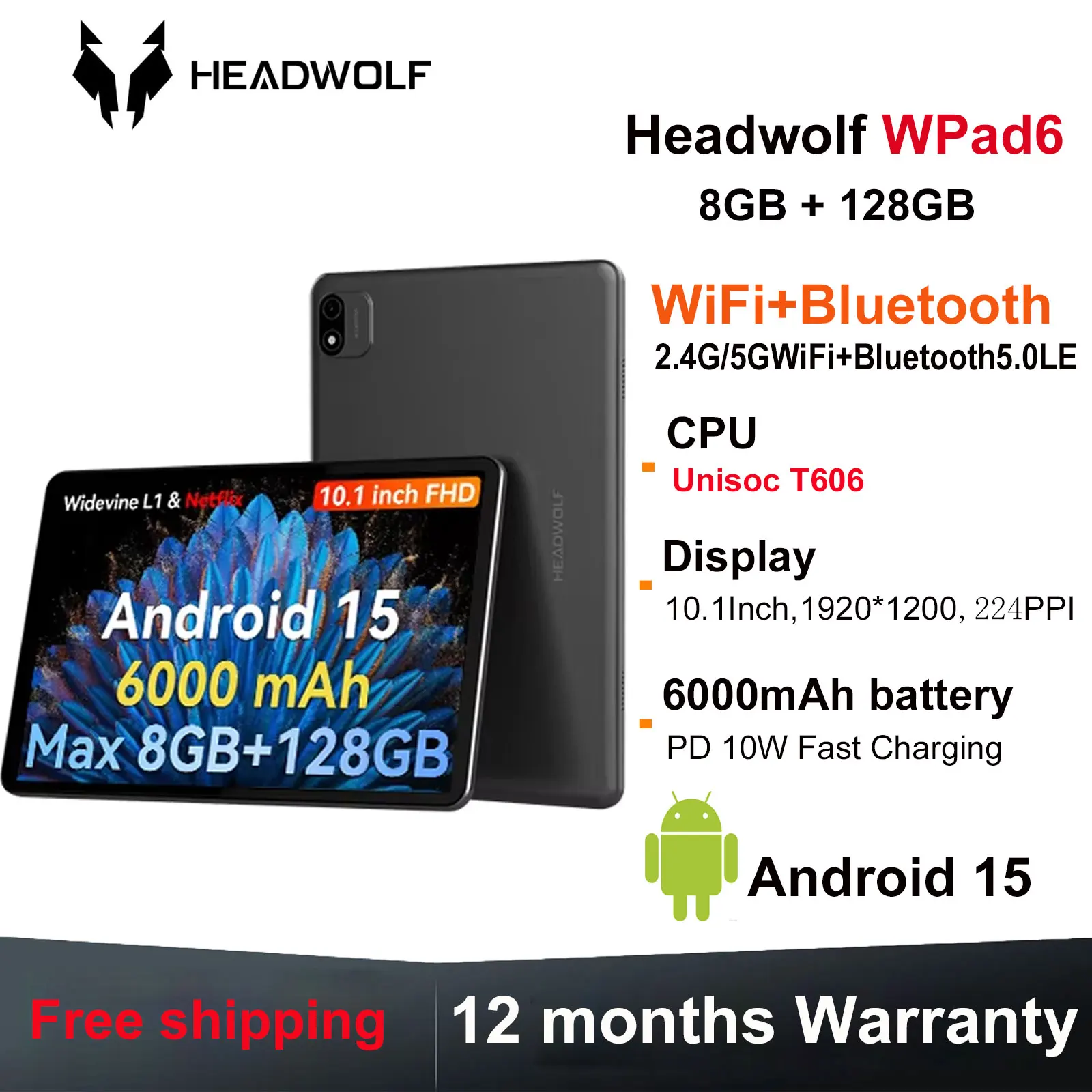 Headwolf WPad6 Android 15 Gaming Tablet 10 Zoll FHD LCD Bildschirm Unisoc T606 CPU 128 GB ROM WiFi + Bluetooth Tablet 6000 mAh Akku Image