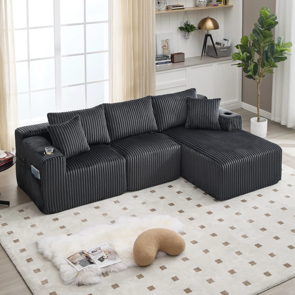 Modulares Sofa-Set mit Chaiselongue & 2-Sitzer, Weicher Cordbezug, mit 5 Kissen, Seitentaschen, Hochdichter Schaumstoff, DIY-Kombination Image