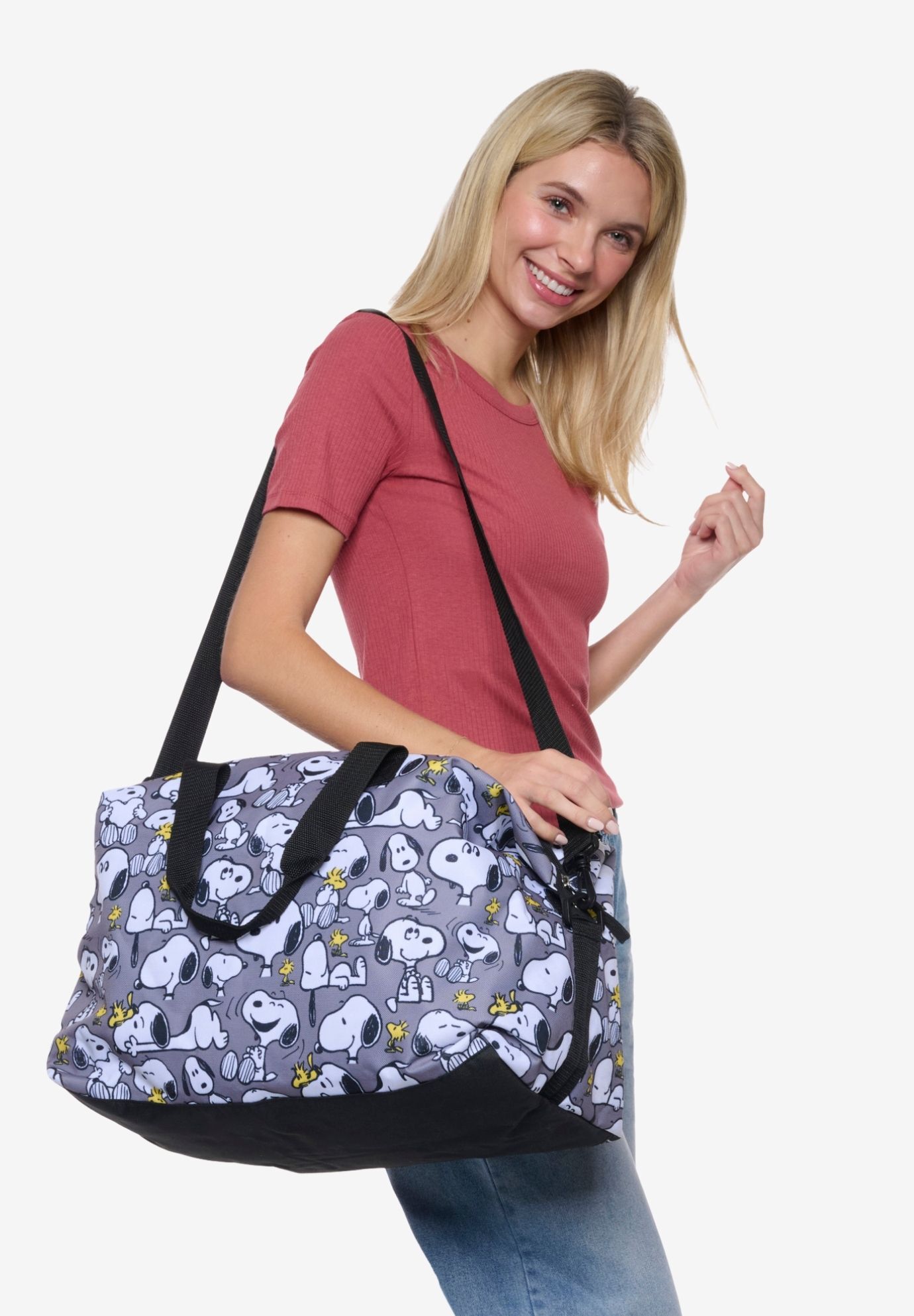 Women's Peanuts Snoopy Duffel Bag Travel Weekender Carry-On Print Woodstock Gray by Peanuts in Gray (Size ONE SIZE)