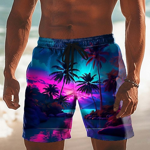 Herren Kokospalme Natur Landschaft Tropische Pflanzen Badehosen Badeshorts Boardshorts Mittlere Taille Hawaiianisch Strandurlaub Seitentaschen Netzfutter Elastischer Kordelzug in der Taille Designer Image