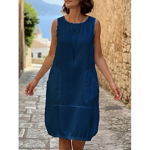 Damen Knielanges Kleid Boho-Kleid Sommerkleid Freizeitkleid Baumwoll-Kleid Elegant Mode Modern Outdoor Urlaub Ausgehen Normale Passform Einfach Ärmellos U-Ausschnitt Blau Schwarz Weiß Grau Sommer Image