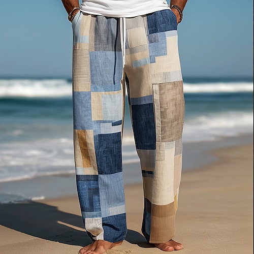 Herren Geometrisch Farbblock Patchwork Hose Freizeithose Baggy-Hosen Mittlere Taille Mode Heim Outdoor Urlaub Elastischer Kordelzug in der Taille Leinenähnliche Hose mit Taschen Sommer Frühling Image