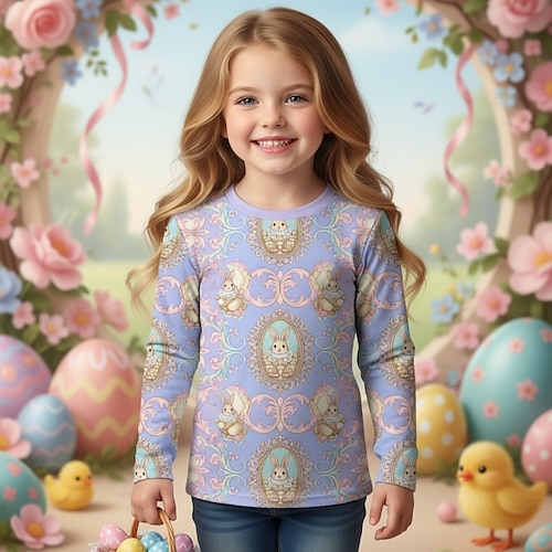 Oster-T-Shirt für Mädchen mit 3D-Hasenmotiv, langärmlig, 3D-Print, Frühling/Herbst, Sportmode, Streetwear, Kindergröße 4-12 Jahre, Rundhalsausschnitt, lässig, für Alltag und Outdoor-Aktivitäten, Image