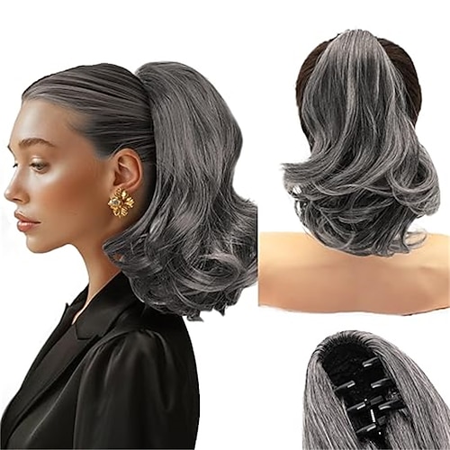 Haarverlängerung mit Haarclips, schwarzbraun, 30 cm (12 Zoll), kurzer, gewellter Pferdeschwanz zum Einclipsen für Damen, lockiger, natürlich gestufter Pferdeschwanz für kurzes, dünnes Haar, Image