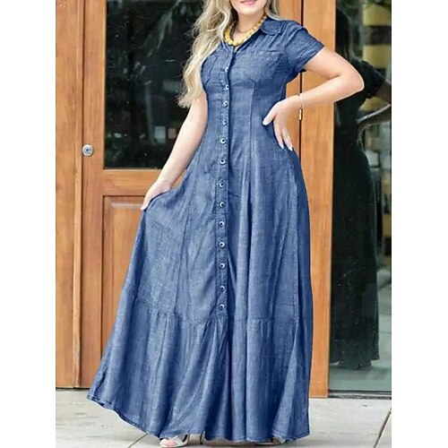 Damen Maxikleid Jeanskleider Mode Modern Täglich Urlaub Ausgehen Normale Passform Einfach Kurzarm Hemdkragen Blau Schwarz Dunkelblau Sommer Frühling Image