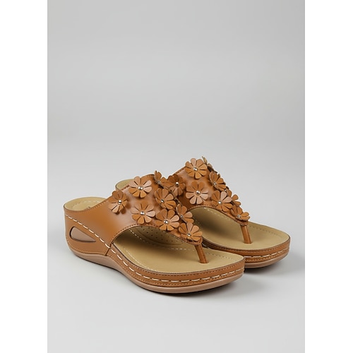 Weiße Zehentrenner-Sandalen mit Blumenmuster für Damen – dekorative und bequeme Sommerschuhe für Urlaub, Gartenpartys, Alltag und Freizeit. Image