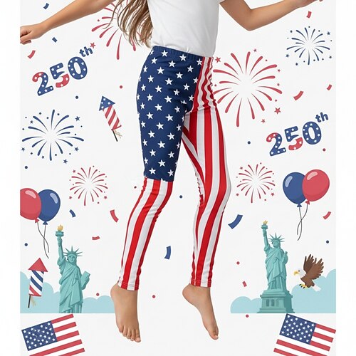 American 250 Mädchen 3D Flagge Gestreift Hose Leggings 3D-Druck Frühling Herbst Streetwear Basic Stumpfhosen Kinder 4-12 Jahre Lässig Täglich Outdoor Normale Passform Image