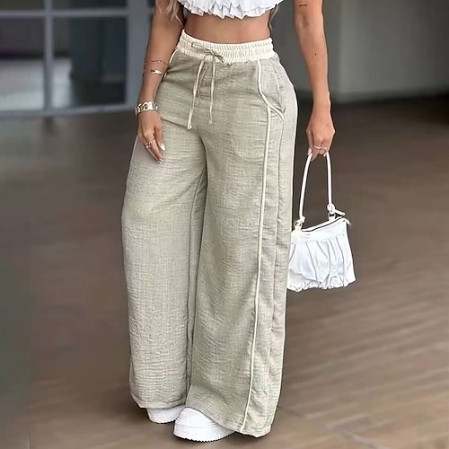 Damen Hose Sommerhose Strandhose Urlaub Mode Alltagstauglich Volle Länge Hohe Taille Einfarbig Einfach Kordelzug Tasche Gerader Schnitt Komfort Schnelltrocknend Weich Unelastisch Streetwear Strand Image