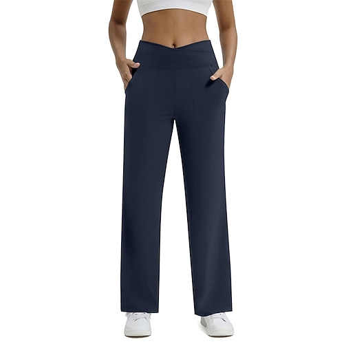 Damen Weite Hosenbeine Chinos Elegant Urlaub Vintage Volle Länge Mittlere Taillenlinie Einfach Patchwork Tasche Elastischer Bund Bequem Atmungsaktiv Dehnbar Täglich Outdoor Fitnessstudio Dunkelrot Image