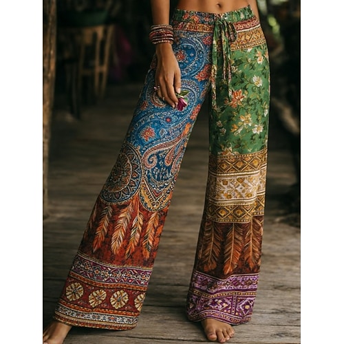 Damen Weites Bein Hosen Hose Urlaub Mode Boho Volle Länge Mittlere Taille Blumen Paisley-Muster Tasche Elastischer Bund Druck Atmungsaktivität Bequem Unelastisch Täglich Outdoor Urlaub Blau Frühling Image