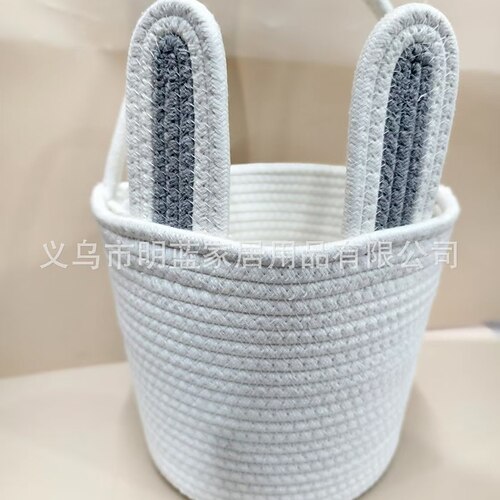 Selbstgestalteter Osterhasenkorb mit Namen, leere weiße Baumwollseil-Ostereiersuchtasche mit Ohren, wiederverwendbarer personalisierter Geschenkeimer für Kinder, Kleinkinder, Mädchen und Jungen (leer zum Selbstgestalten) Image