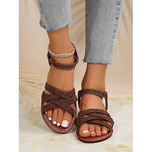 Gelbe, flache Damen-Sandalen mit gekreuzten Riemen – leichte Freizeitschuhe für Strand, Urlaub, Spaziergänge und den Alltag Image