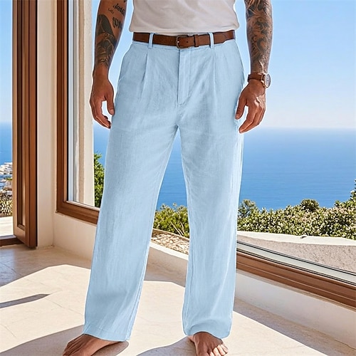 Herren Hose aus Baumwollleinen Hose Sommerhose Baggy-Hosen Strandhose Tasche Einfarbig Komfort Atmungsaktiv Volle Länge Lässig Täglich Outdoor Urlaub Mode Blau Schwarz Unelastisch Image