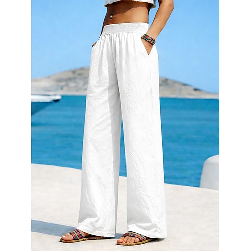 Damen 100% Baumwolle Weites Bein Chinos Mode Streetwear Komfort Volle Länge Hohe Taille Einfach Tasche Elastischer Bund Bequem Außenbereich Straße Alltagskleidung Ausgehen Apfel Grün Schwarz Wei Image