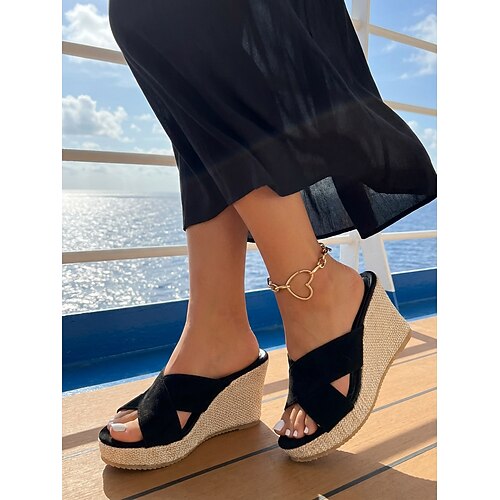 Keilsandalen für Damen – Slipper aus schwarzem Wildleder mit offener Spitze und geflochtener Plateausohle für den Sommer, die Freizeit und den Strand Image