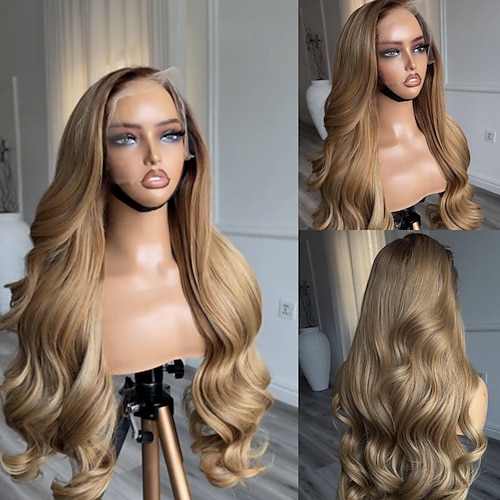 Echthaar 5x5 Verschluss 13x4 Spitzenfront Perücke Mittelscheitel Brasilianisches Haar Bodywave Blond Perücke 150% 180% Haardichte mit Babyhaaren Ombre-Haar Hervorgehobenes / Balayage-Haar Natürlicher Image