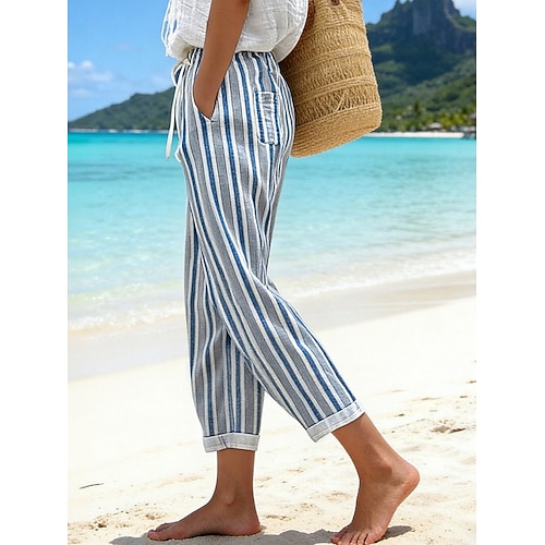 Damen Kunstbaumwollleinen Hosen Hose Alltagstauglich Knöchellang Natürliche Taille Grafik Gestreift Kordelzug Seitentaschen Atmungsaktivität Bequem Mikroelastisch Wochenende Königliches Blau Blau Image