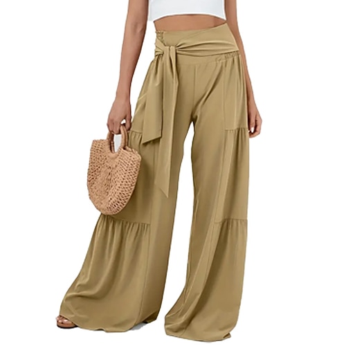 Damen Hose Sommerhose Strandhose Urlaub Mode Alltagstauglich Volle Länge Mittlere Taillenlinie Einfarbig Einfach Kordelzug Patchwork Weites Bein Komfort Schnelltrocknend Weich Unelastisch Streetwear Image