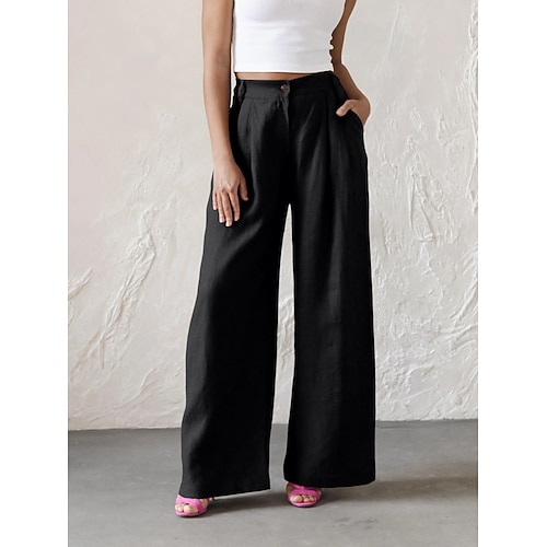Damen Hose aus Baumwollleinen Weites Bein Freizeithose Urlaub Streetwear Basic Volle Länge Mittlere Taillenlinie Einfach Plissiert Tasche Atmungsaktivität Bequem Unelastisch Täglich Outdoor Urlaub Image