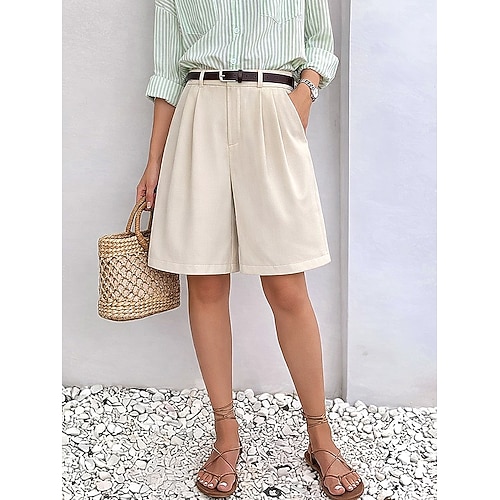 Damen Leinenähnliche Faux-Baumwoll-Leinen Chinos Shorts Urlaub Grundlegende Shorts Mittlere Taille Komfort Unelastisch Lässig Täglich Streetwear Reisweiß Sommer Frühling Lockere Passform Image