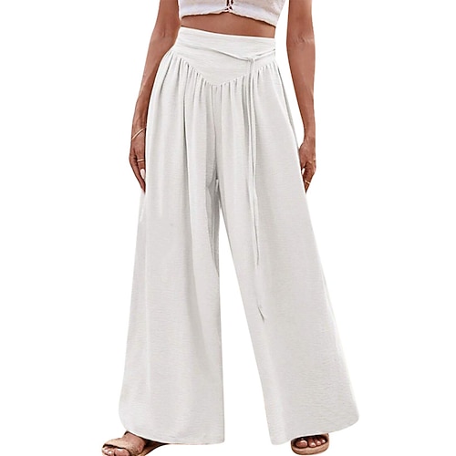 Damen Hose Sommerhose Strandhose Urlaub Mode Alltagstauglich Volle Länge Mittlere Taille Einfarbig Einfach Kordelzug Weites Bein Komfort Schnelltrocknend Weich Hohe Elastizität Streetwear Strand Image
