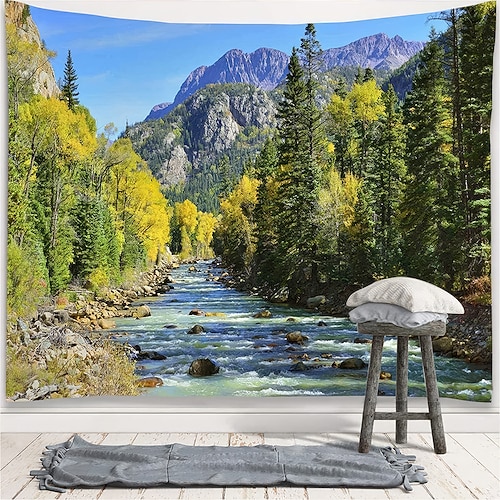 Natur-Wandteppich mit Bergmotiv, Wald- und Flusslandschaft, Kiefern und Bachlandschaft – Kunst für Wohnzimmer, Schlafzimmer und Zuhause Image