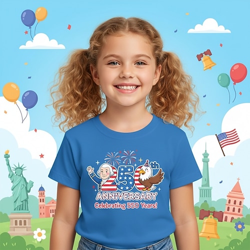 Mädchen 3D Grafik 250-jähriges Jubiläum T-Shirt Kurzarm 3D-Druck Sommer Frühling Sport Mode Streetwear Kinder 4-12 Jahre Rundhalsausschnitt Lässig Täglich Outdoor Normale Passform Image