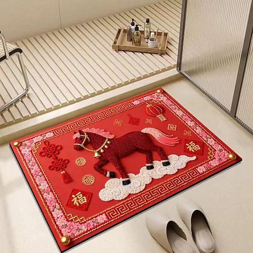 Rote Badematte zum chinesischen Neujahr, Jahr des Pferdes, weiche Kieselgurmatte, festlich, saugfähig, rutschfest, für WC und Dusche Image