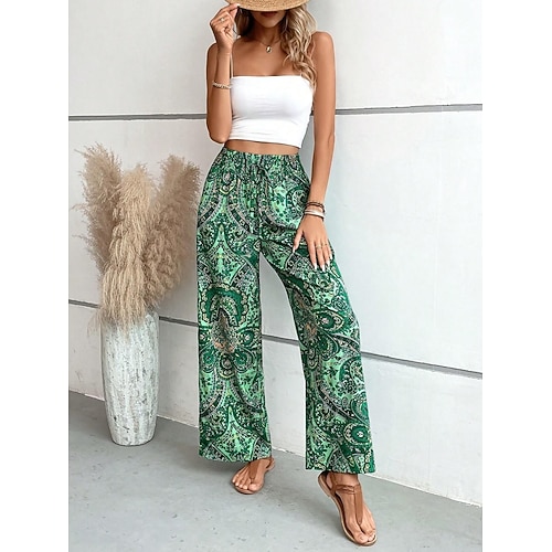 Damen Weites Bein Chinos Urlaub Vintage Streetwear Volle Länge Hohe Taille Paisley-Muster Tasche Elastischer Bund Druck Bequem Komfort Weich Dehnbar Outdoor Urlaub Straße Marineblau Rot Dunkelgrün Image