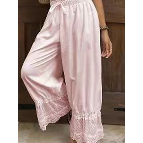 Damen Weite Hosenbeine Chinos Elegant Vintage Mode Volle Länge Hohe Taille Einfarbig Patchwork Elastischer Bund Bequem Atmungsaktiv Mikroelastisch Täglich Heim Outdoor Schwarz Weiß Rosa Sommer Image