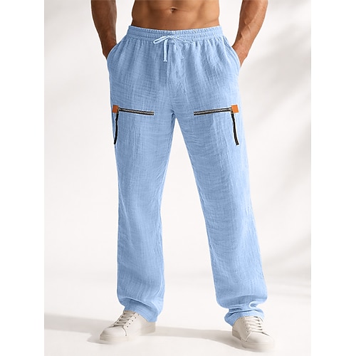 Herren Leinenhosen Hose Sommerhose Baggy-Hosen Kordelzug Elastischer Bund Gerader Schnitt Einfach Bequem Atmungsaktiv Volle Länge Lässig Täglich Ferien Urlaub Mode Blau Schwarz Unelastisch Image