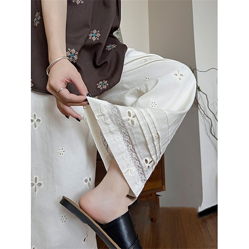 Damen Weites Bein Chinos Gerade Elegant Urlaub Streetwear Volle Länge Hohe Taille Einfarbig Patchwork Tasche Elastischer Bund Bequem Atmungsaktiv Unelastisch Täglich Heim Outdoor Mandelfarben Sommer Image