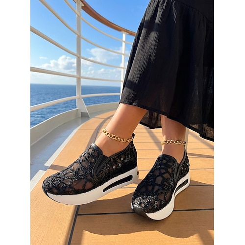 Damen Slip-On-Sneaker aus goldenem Pailletten-Mesh mit Plateausohle – stylische Freizeitschuhe für Partys und besondere Anlässe Image