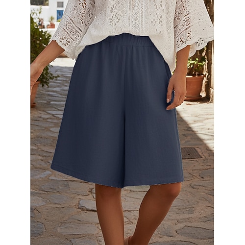 Damen Bermudashorts Caprihose Weites Bein Shorts Basic Lässig Boho Knielang Mittlere Taillenlinie Einfach Elastischer Bund Komfort Unelastisch Täglich Outdoor Urlaub Schwarz Rote Marinenblau Grün Image