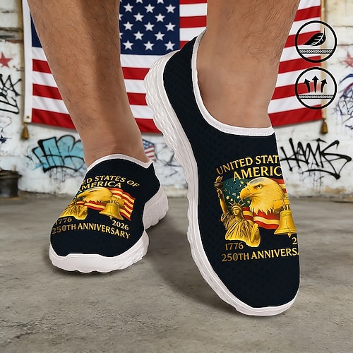 Patriotische Herren-Sneaker mit Grafikprint – leichte, atmungsaktive Slip-on-Freizeitschuhe, Schuhe zum Hineinschlüpfen und zum 250. Jahrestag der amerikanischen Flagge, ideal für Paraden, den Image