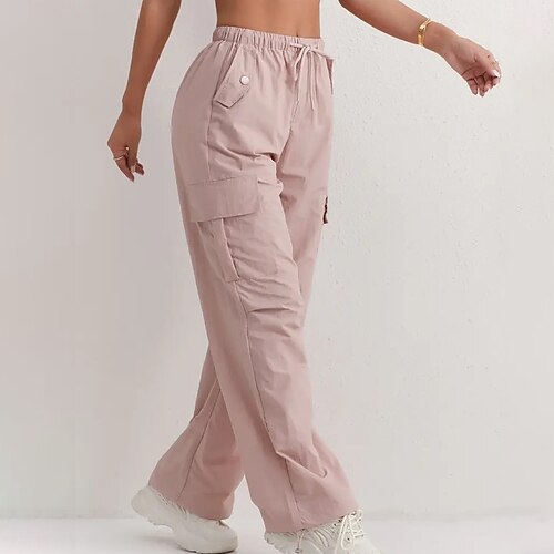 Damen Cargo-Hosen Hose Freizeithose Urlaub Mode Alltagstauglich Volle Länge Hohe Taille Einfarbig Einfach Kordelzug Tasche Weites Bein Komfort Schnelltrocknend Weich Unelastisch Outdoor Streetwear Image