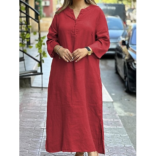 Damen Maxikleid Baumwoll-Leinen-Kleider Hemdblusenkleid Freizeitkleid Elegant Mode Modern Outdoor Urlaub Ausgehen Lässiger Schnitt Einfach Langarm V Ausschnitt Weiß Gelb Rote Burgunderrot Sommer Image