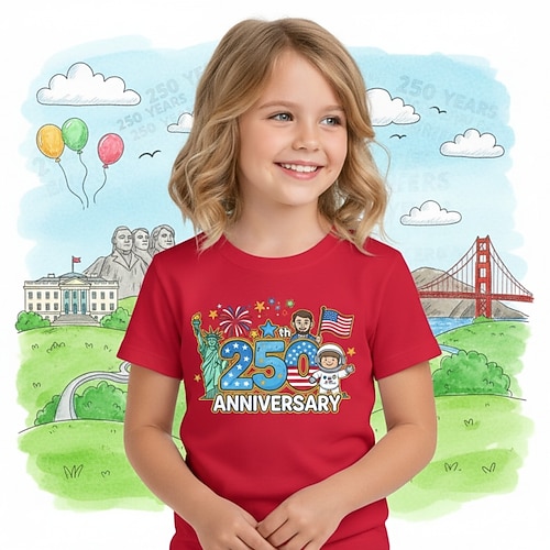 American 250 Mädchen 3D Grafik 250-jähriges Jubiläum T-Shirt Kurzarm 3D-Druck Sommer Frühling Sport Mode Streetwear Kinder 4-12 Jahre Rundhalsausschnitt Lässig Täglich Outdoor Normale Passform Image