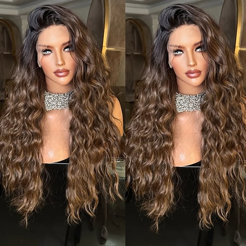 Remy Echthaar 5x5 Verschluss 13x4 Spitzenfront Perücke Freier Scheitel Brasilianisches Haar Lockere Welle Wogende Wellen Braun Perücke 150% 180% Haardichte mit Babyhaaren Ombre-Haar Natürlicher Image