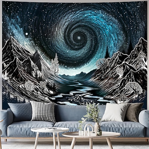 Biolumineszierender Wandteppich mit Strandmotiv, Mondlicht, Ozeanwellen, Nachthimmel und Sternenhimmel – Fantasielandschaft für Schlafzimmer, Wohnzimmer und als Dekoration. Image
