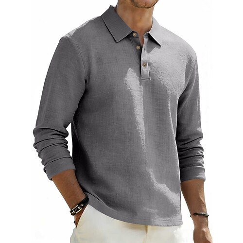 Herren Hemd Leinenhemd Popover-Hemd Sommerhemd Strandbekleidung Einfarbig Lässig Täglich Schwarz Weiß Marineblau Himmelblau Langarm Umlegekragen Sommer Frühling Bekleidung Image